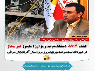 کشف ۵۹۱۴ دستگاه تولید رمز ارز ( ماینر) غیر مجاز در حوزه فعالیت شرکت توزیع نیروی برق استان آذربایجان شرقی